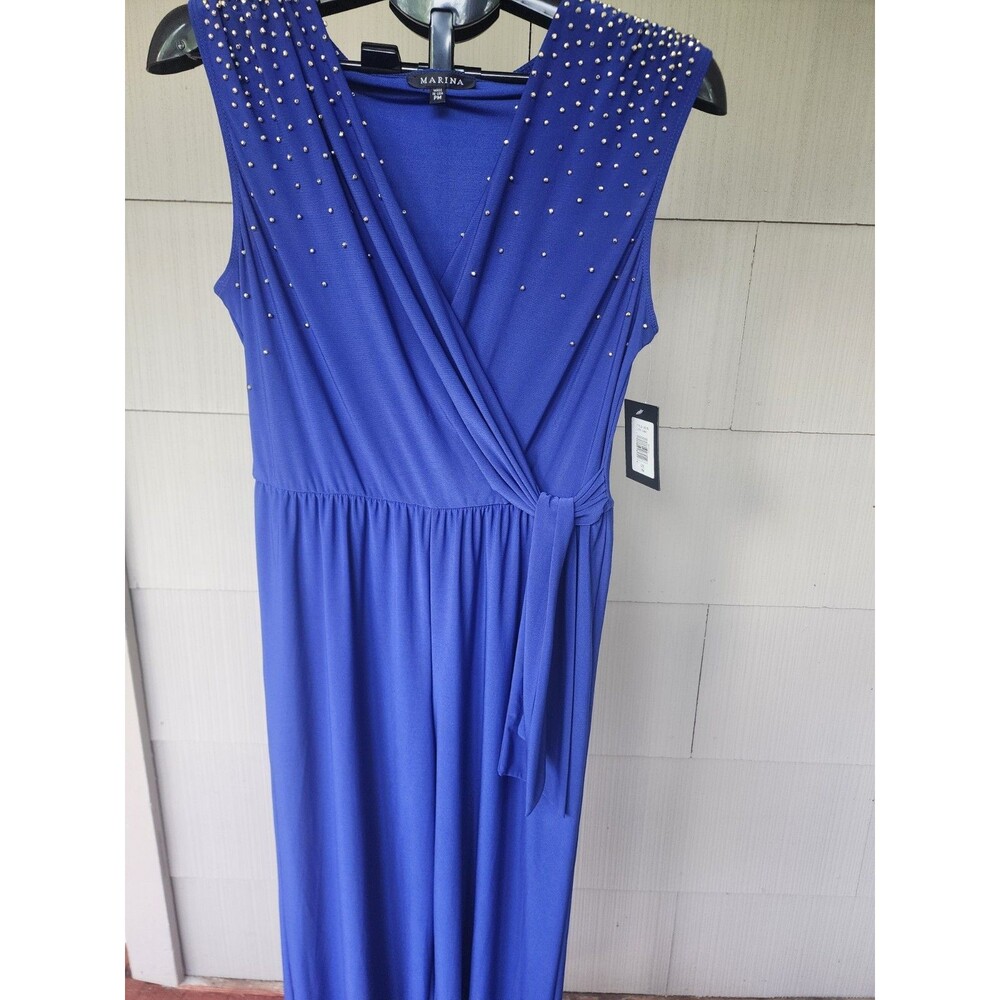 New With Tags Marina Cobalt Blue Gold Beaded Jumpsuit Petite Medium PM